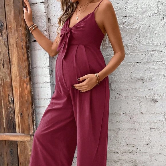 Burgundy Casual Womens Maternity Knot Front Cami Jumpsuit - Picture 5 of 5